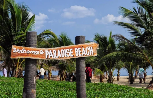 In golden sand, clear waters, and lush green palm trees, a tropical paradise beach lies in Kerala.