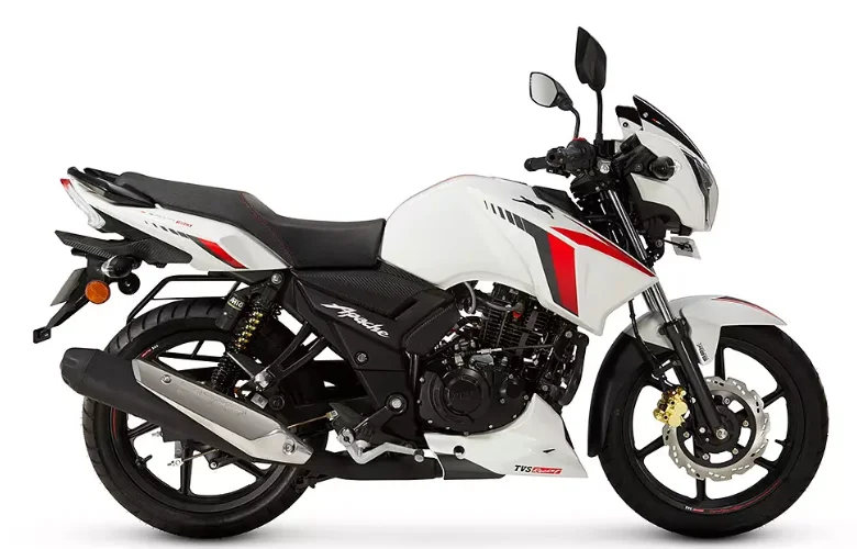 A white and red modern Apache motorcycle with advanced riding technology on a white background.