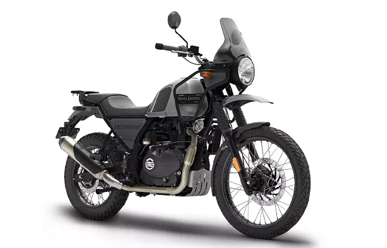 A white background shows the rugged design of the Himalayan bike for adventure and high performance.