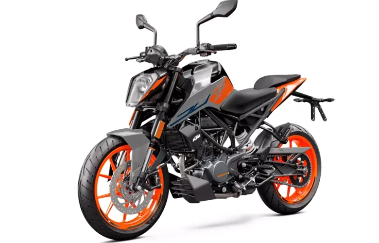 KTM 390 Duke, with a white background, shows its aggressive styling and thrilling ride experience.