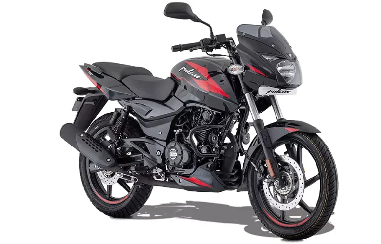 Stylish Pulsar bike in black and red color scheme, parked on white background, showcasing power.