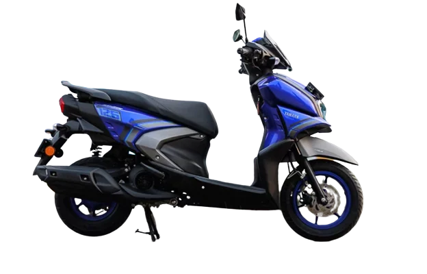 This Ray-Zr scooter's vivid blue embellishments stand out against the traditional black color scheme